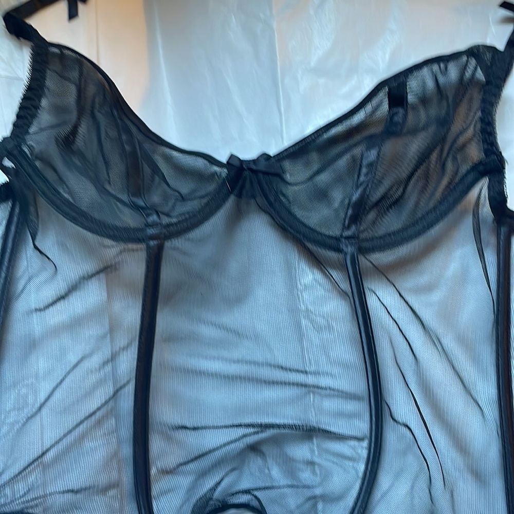 NWOT ADORE ME JET BLACK SEE THOUGH WHOLE PIECE GARTER 6 BONES & 19 HOOK & EYES